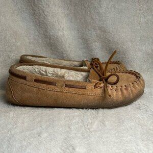 Minnetonka Cally Moccasins Leather Faux Fur Lining Children's Size 4 Casual :)‎